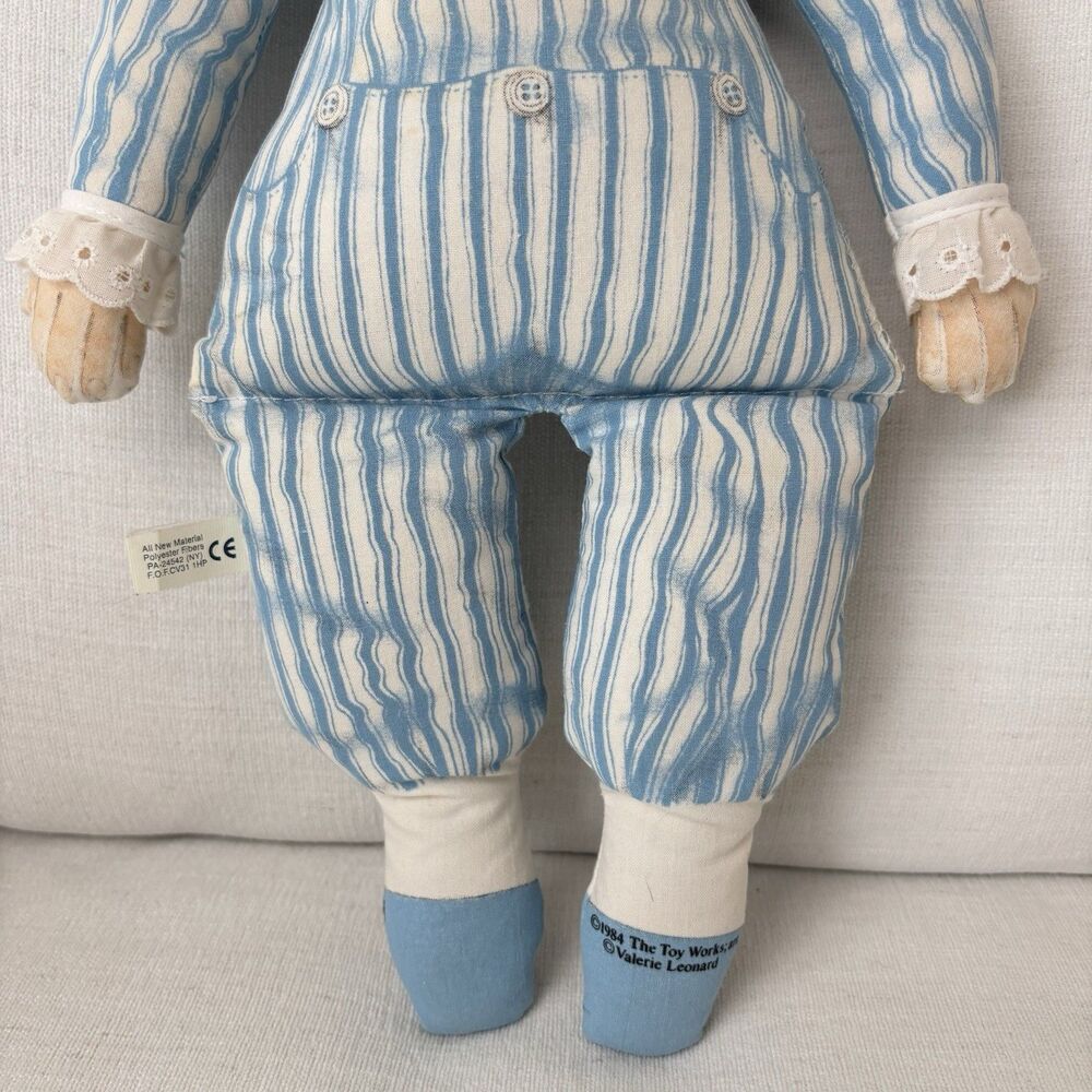Vtg Cloth Plush Doll 1984 Toy Works Valerie Leonard Blue Stripes Pinafore Blonde - Picture 12 of 16
